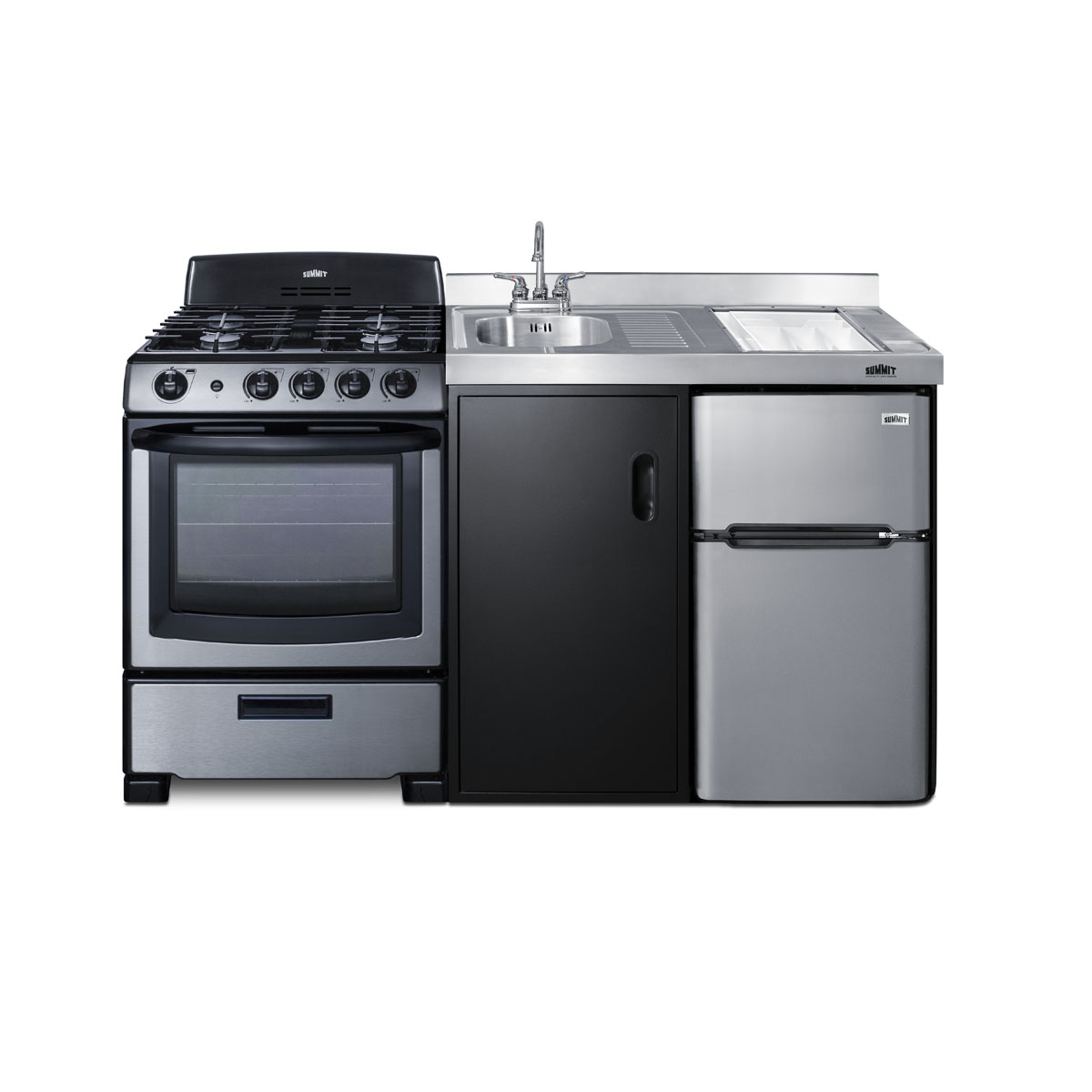 63 inch wide all-in-one kitchenette with full-sized sealed burner gas range with oven, compact refrigerator-freezer, sink, cutting board and cutlery storage, and a storage cabinet in a black finish
